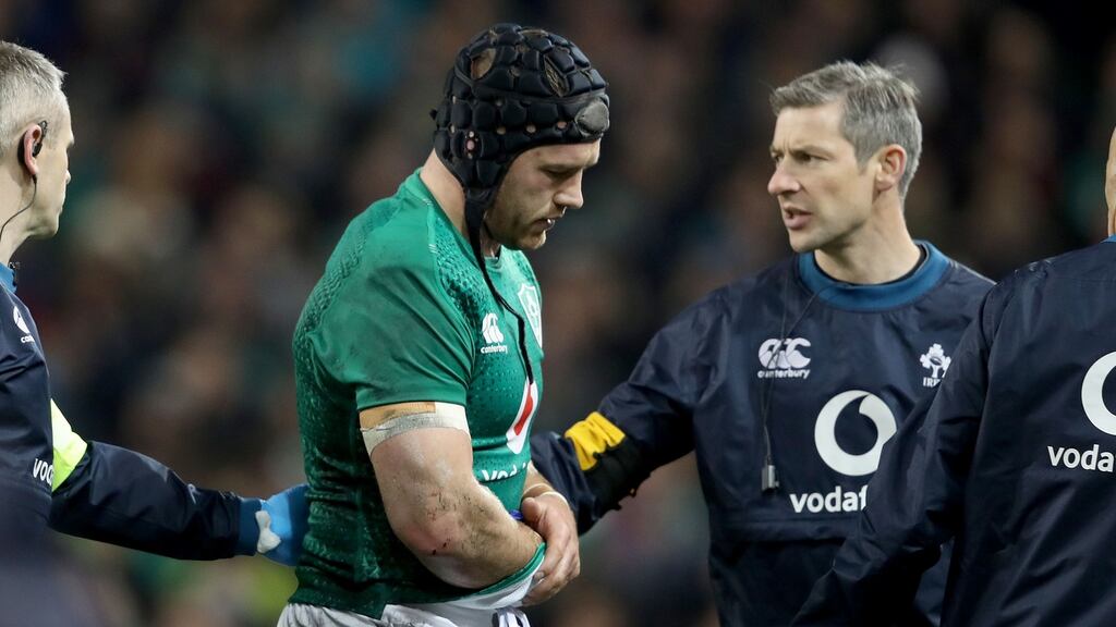 Seán O’Brien leaves the pitch after breaking his arm against Argentina. Photograph: Dan Sheridan/Inpho
