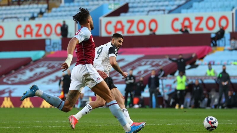 Fulham’s Aleksandar Mitrovic breaks the deadlock against Aston Villa. Photograph: Catherine Ivill/PA