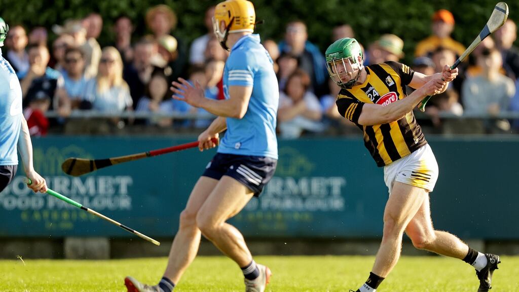 Kilkenny’s Martin Keoghan scores a goal against Dublin at Parnell Park on Sunday. Photograph: Laszlo Geczo/Inpho