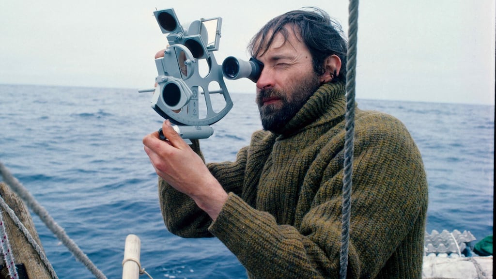 Tim Severin with sextant as the leather vessel the Brendan crossed from Ireland to North America.