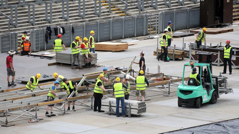 Riggers work on assembling the stage at Croke Park in Dublin for this weekend’s Bruce Stringsteen concerts. Photograph: Colin Keegan/Collins Dublin