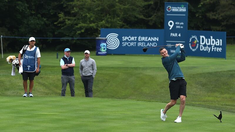 Johnny Sexton in action during Wednesday’s Irish Open pro-am. Photograph: Warren Little/Getty