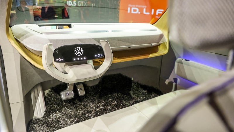 The VW ID Life in concept form also comes with a video game console and a projector and screen to show movies. Photographer: Alex Kraus/Bloomberg