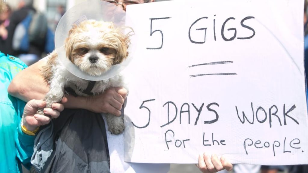 Ballybough resident Charly Reid with her her dog campaigning for five Garth Brooks Concerts in Croke Park. Photograph: Collins