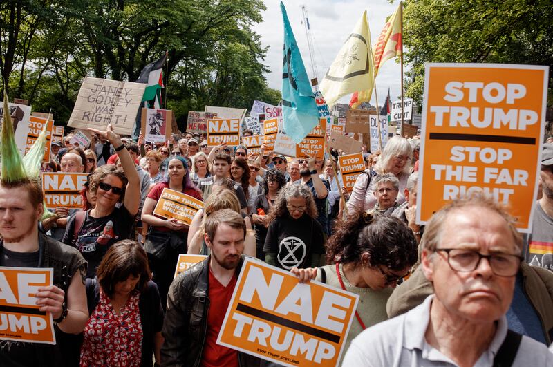 Anti-Trump protesters gather outside the US consulate in Edinburgh on Saturday. Photograph: Robert Ormerod/The New York Times