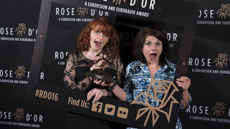 Caz Moran and Caitlin Moran with their Rose d’Or award for their sitcom Raised By Wolves, in Berlin, Germany, last year. Photograph: Clemens Bilan/Getty Images