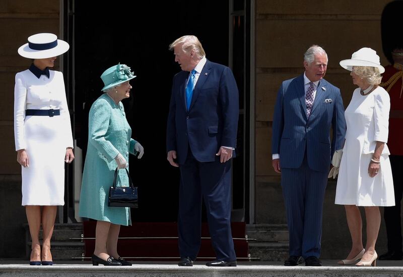 State visit: Melania Trump, Donald Trump, Queen Elizabeth, Prince Charles and Camilla, duchess of Cornwall, at Buckingham Palace on Monday. Photograph: Adrian Dennis/AFP/Getty