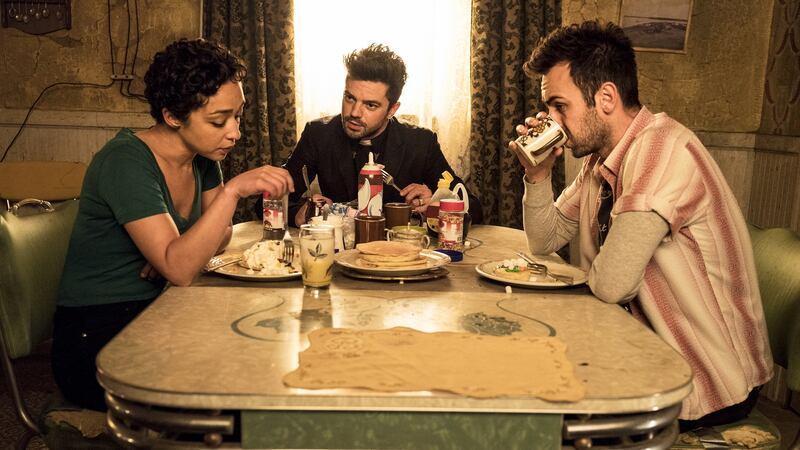 Joseph Gilgun as Cassidy, Dominic Cooper as Jesse Custer, Ruth Negga as Tulip O’Hare in Preacher. Photograph: Michele Short/AMC/Sony Pictures Television