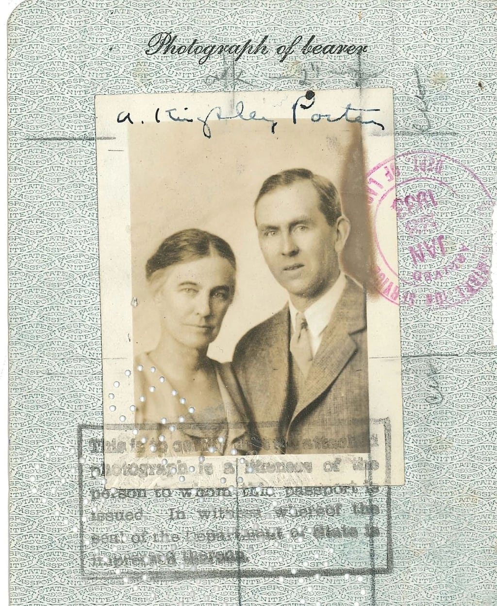 A passport photograph of Harvard professor Arthur Kingsley Porter and his wife Lucy Wallace Porter. He vanished from Inishbofin, off Co Donegal in 1933. Photograph: Harvard University Archives.