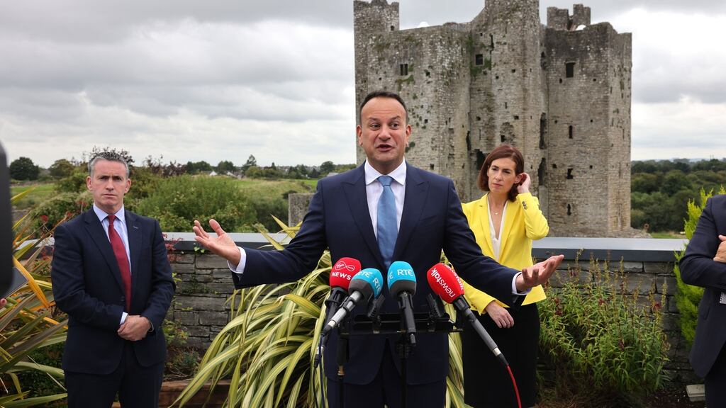 Tánaiste Leo Varadkar (centre) speaking to media at the Fine Gael Parliamentary Party meeting at Trim Castle Hotel, Trim Co Meath. Photograph: Dara Mac Dónaill