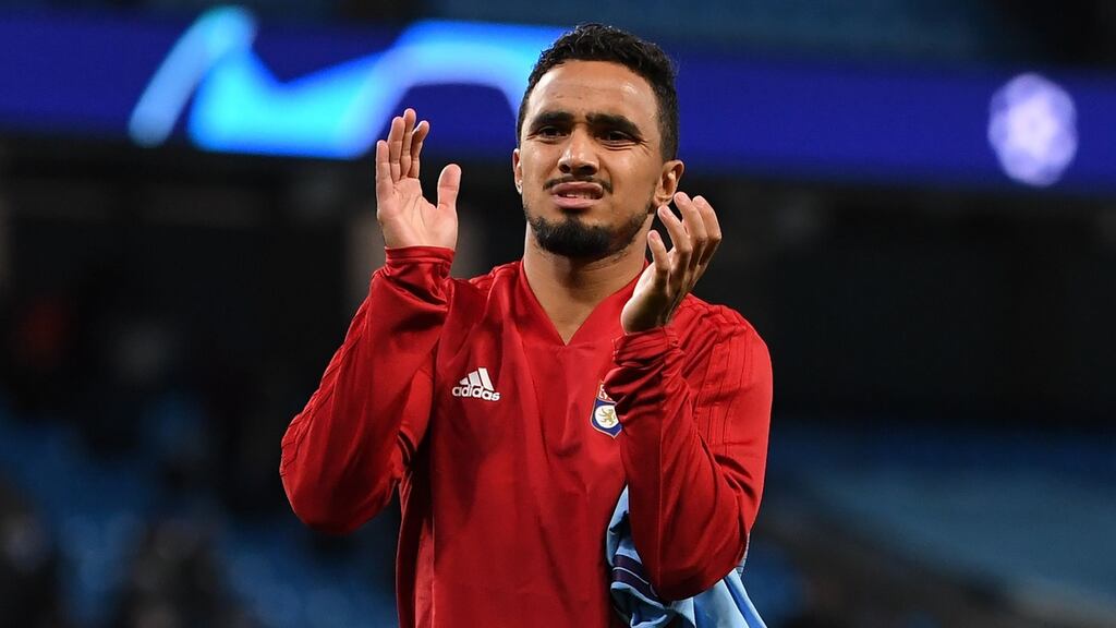 Rafael da Silva claps the Lyon end after his side beat Manchester City 2-1 at the Etihad. Photograph: Paul Ellis/AFP/Getty
