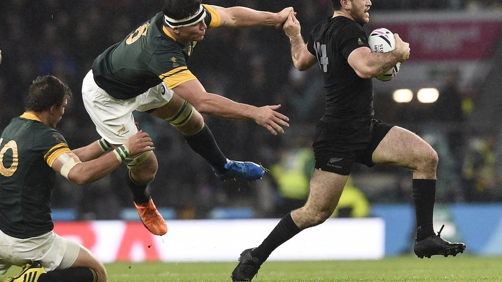 New Zealand’s winger Nehe Milner-Skudder evades South Africa’s flanker François Louw during the semi-final of the 2015 Rugby World Cup at Twickenham on Saturday. Photograph: Franck Fife/AFP/Getty Images