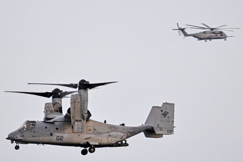 US Marines V-22 Osprey fly near José Aponte de la Torre Airport, formerly Roosevelt Roads Naval Station, on September 11th, in Ceiba, Puerto Rico. Photograph: Miguel J Rodríguez Carrillo/Getty Images