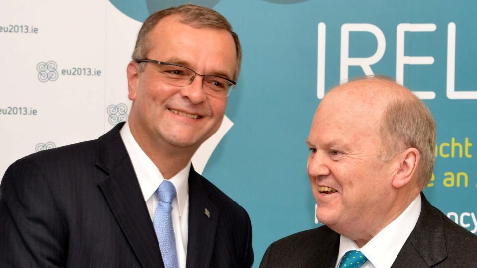 Finance minister of the Czech Republic Miroslav Kalousek with Michael Noonan arriving for the ECOFIN meeting in Dublin Castle. Photograph: David Sleator/The Irish Times