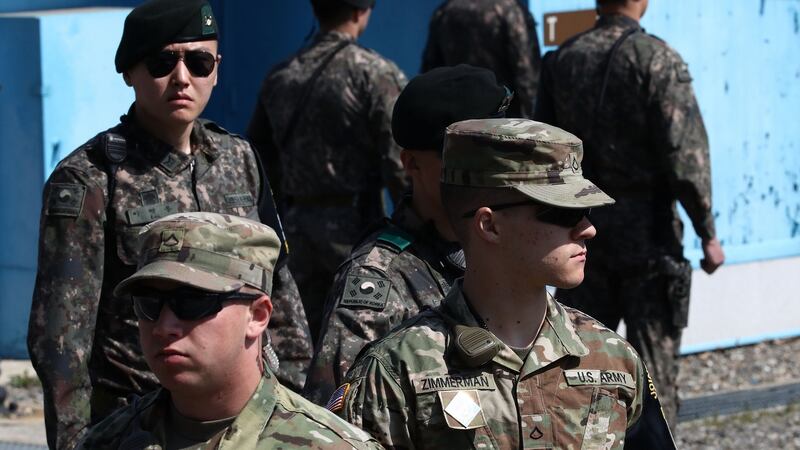 South Korean and US soldiers at the border village of Panmunjom between South and North Korea in the demilitarised zone. Photograph: Getty Images
