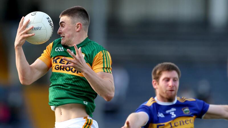 Kerry’s Seán O’Shea claims the ball ahead of James Feehan of Tipperary during the Munster SFC semi-final at Semple Stadium. Photograph: James Crombie/Inpho