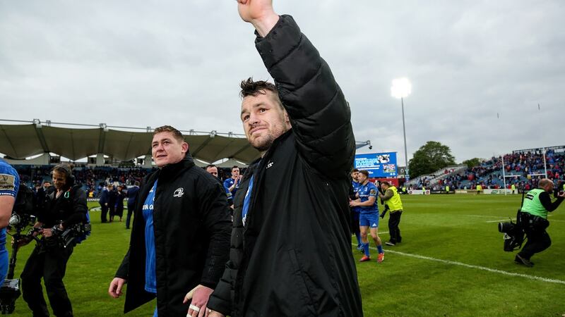 Leinster’s Tadhg Furlong and Cian Healy celebrate after their Pro14 semi-final win over Munster at the RDS, Dublin, last  Saturday. Photograph: Laszlo Geczo/Inpho