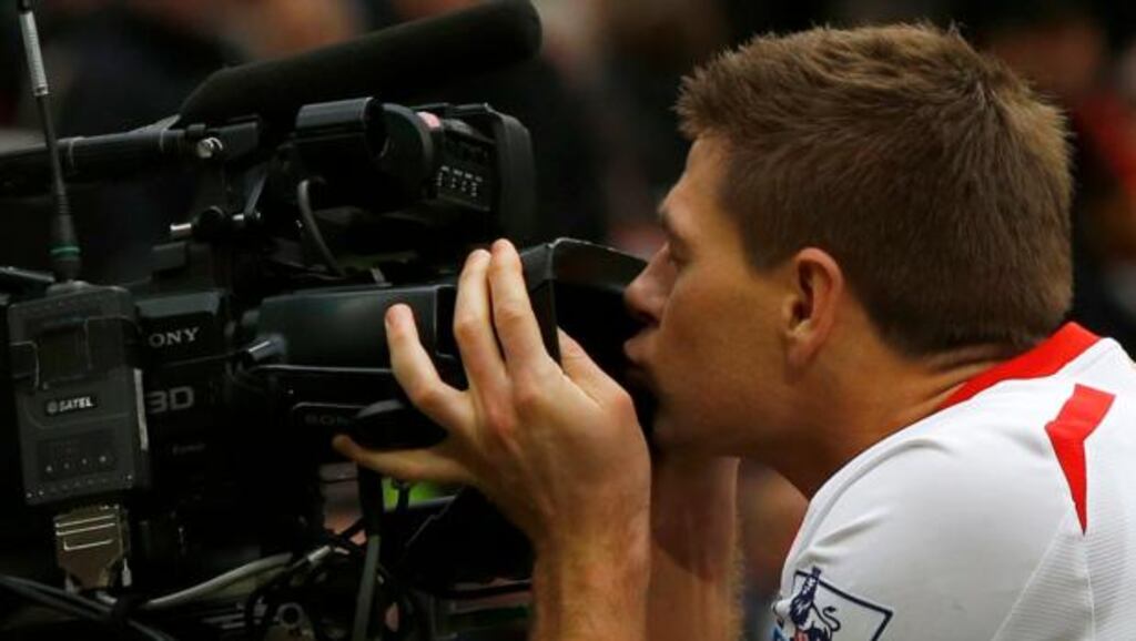 Liverpool’s Steven Gerrard celebrates scoring his second penalty against Manchester United at Old Trafford. Photograph: Phil Noble/Reuters
