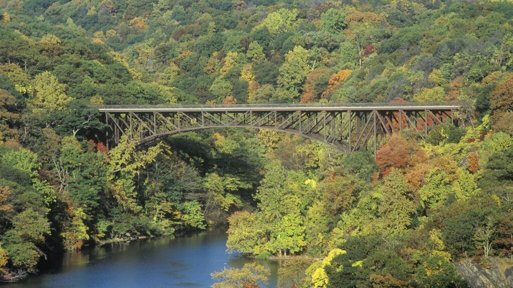 Just an hour from downtown Manhattan, the Bear  Mountain Bridge, located in Bear Mountain State Park, New York, spans the Hudson River. Photograph: Getty Images