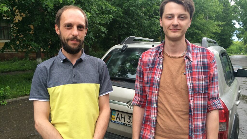 Dima Shibalov and Daniil Antonchik of the Responsible Citizens volunteer group, who were expelled by Russian-backed separatists from Donetsk in eastern Ukraine. The group continues its humanitarian work in government-controlled areas. Photograph: Daniel McLaughlin