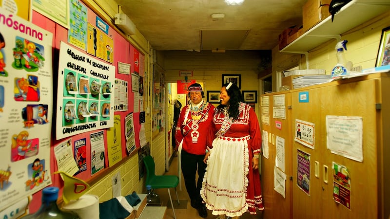 Gary White Deer and his wife Janie White Deer of the Choctaw nation in Oklahoma at Gaelscoil Cholmcille, Santry, Dublin in 2007. Photograph: Kate Geraghty