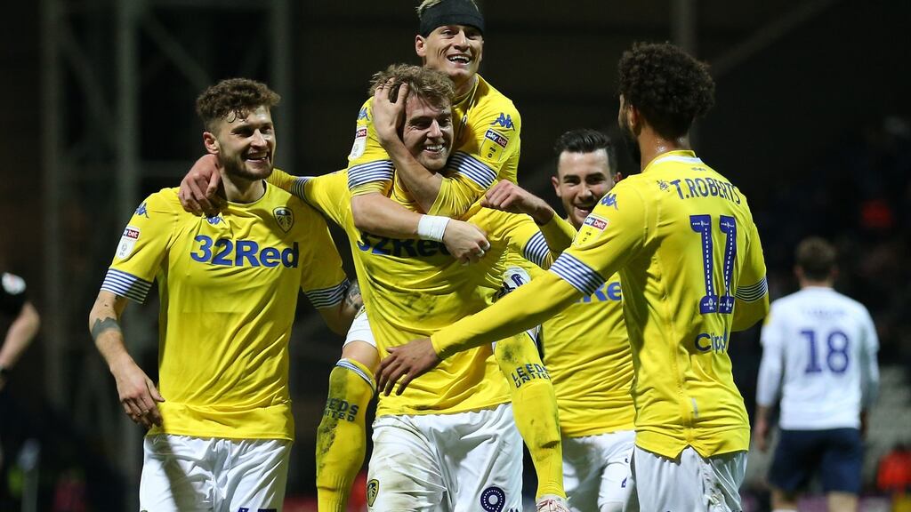 Leeds United’s Patrick Bamford celebrates scoring his side’s second goal of the game during the Sky Bet Championship match against Preston North End at Deepdale. Photograph: Nigel French/PA Wire