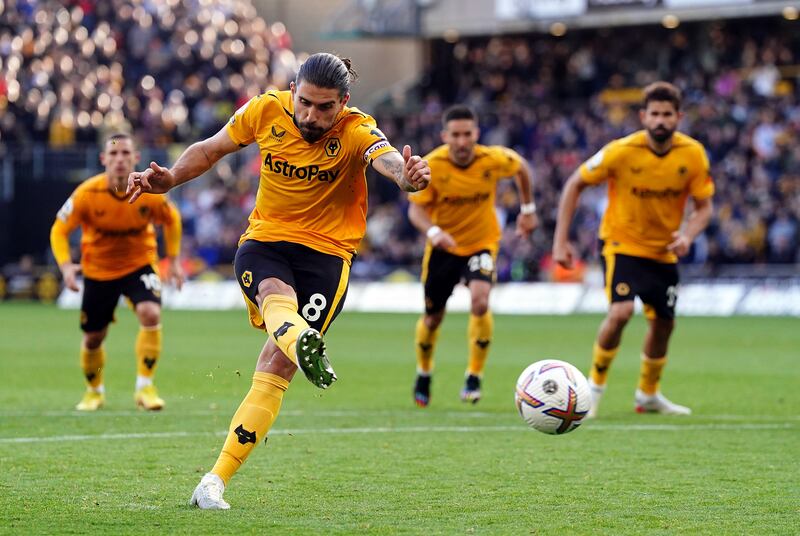 Wolverhampton Wanderers' Ruben Neves scores from the penalty spot. Photograph: Nick Potts/PA