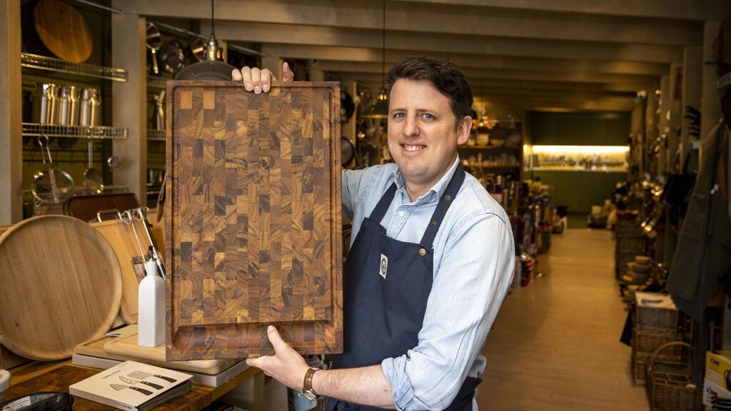 Triggerfish Cookshop owner Bob Toal with a Skagerrak teak end-grain cutting board. Photograph: Tom Honan