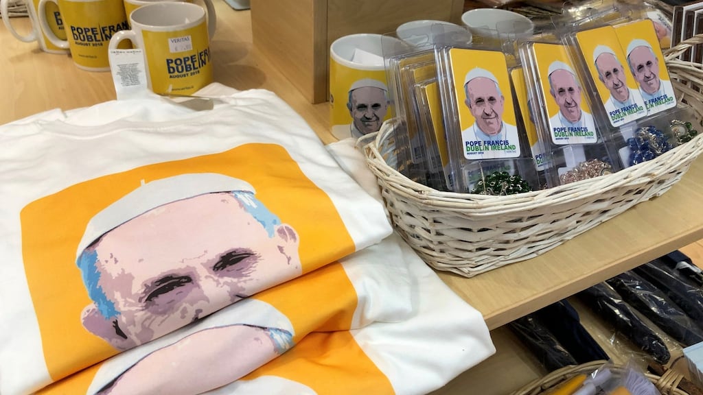T-shirts and mugs among some of the range of Pope Francis memorabilia and souvenirs on sale at the Veritas store on Dublin’s Abbey Street. Photograph: Bryan O’Brien