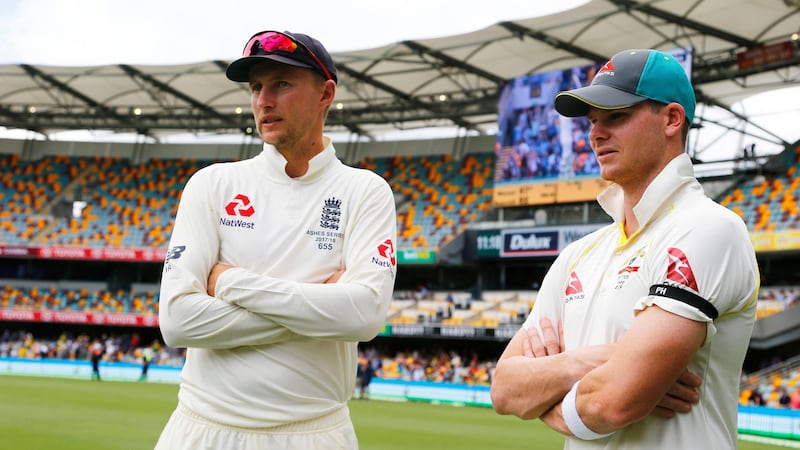 England captain Joe Root with opposite number Steve Smith after Australia’s win at the Gabba. Photograph: James O’Brien/PA