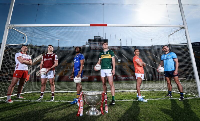 Mícheál Martin (Cork), Cillian McDaid (Galway), Ikem Ugwueru (Clare), David Clifford (Kerry), Jemar Hall (Armagh) and Niall Scully (Dublin) at the launch of the GAA All-Ireland senior football championship at SuperValu Páirc Uí Chaoimh. Photograph: Dan Sheridan/Inpho
