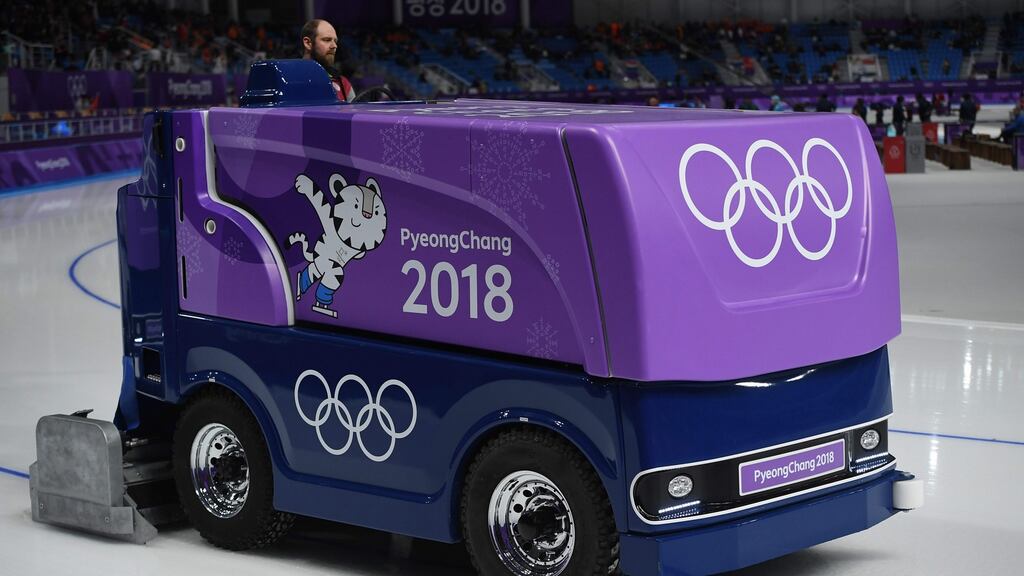 An ice technician drives a Zamboni before the men’s 1,500m speed skating event at the Pyeongchang 2018 Winter Olympic Games. Jung Yeon-Je/AFP/Getty Images