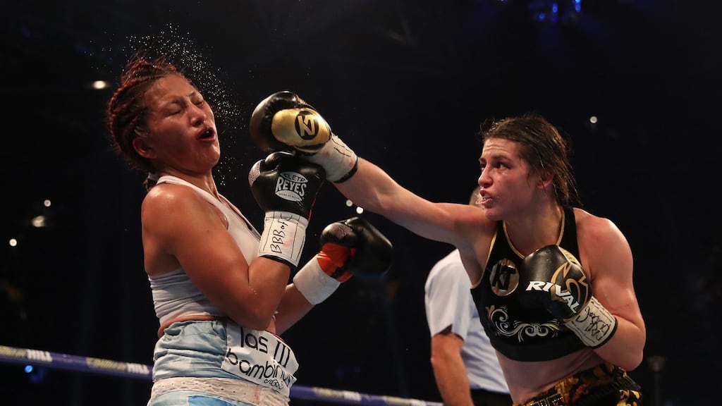 Katie Taylor catches Anahi Esther Sanchez during their WBA World Lightweight Title fight in Cardiff. Photograph: Nick Potts/PA Wire