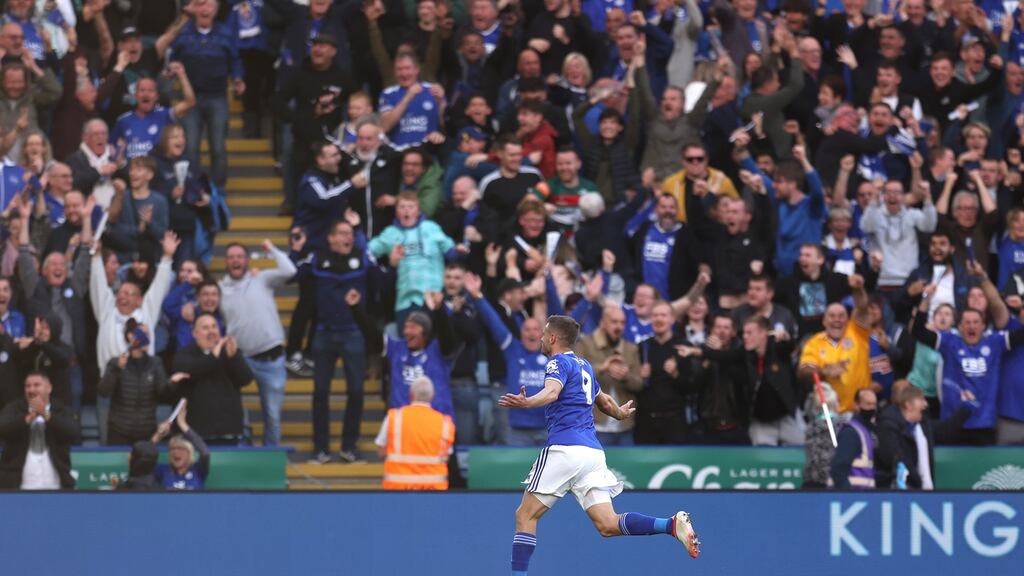 Leicester City’s Jamie Vardy celebrates scoring his side’s third goal during the Premier League win over Manchester United. Photo: Alex Pantling/Getty Images