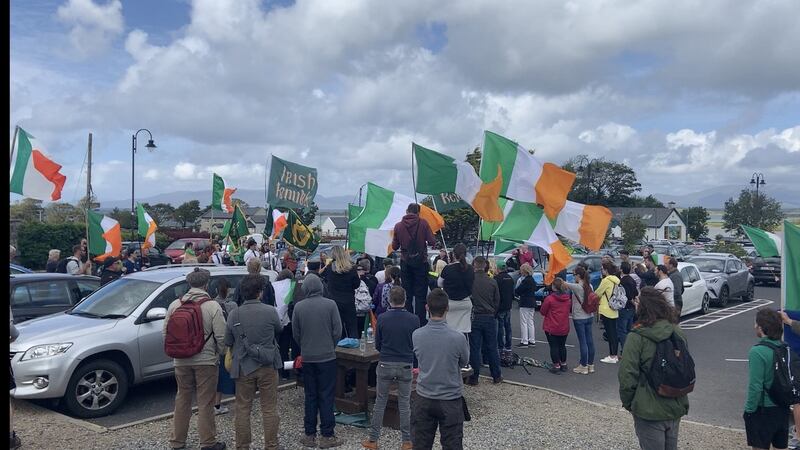 A number of people held a protest in the car park at the base of the mountain at the decision to cancel the pilgrimage. Photograph: Ellen O’Riordan