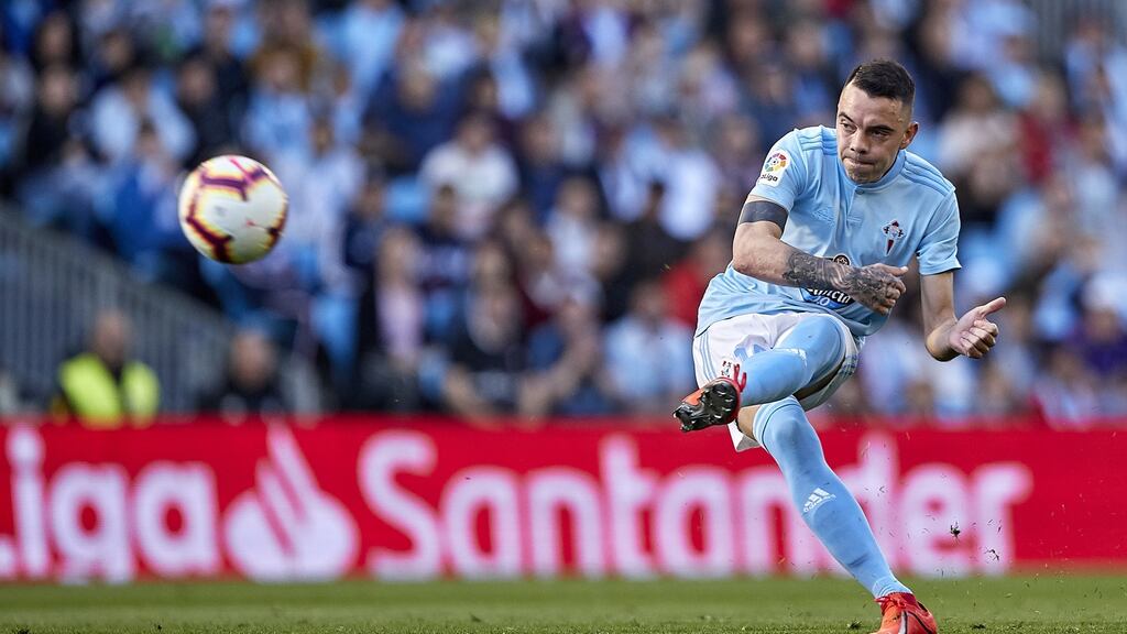 Iago Aspas curls in Celta Vigo’s first goal against Villarreal. Photograph: Quality Sport Images/Getty