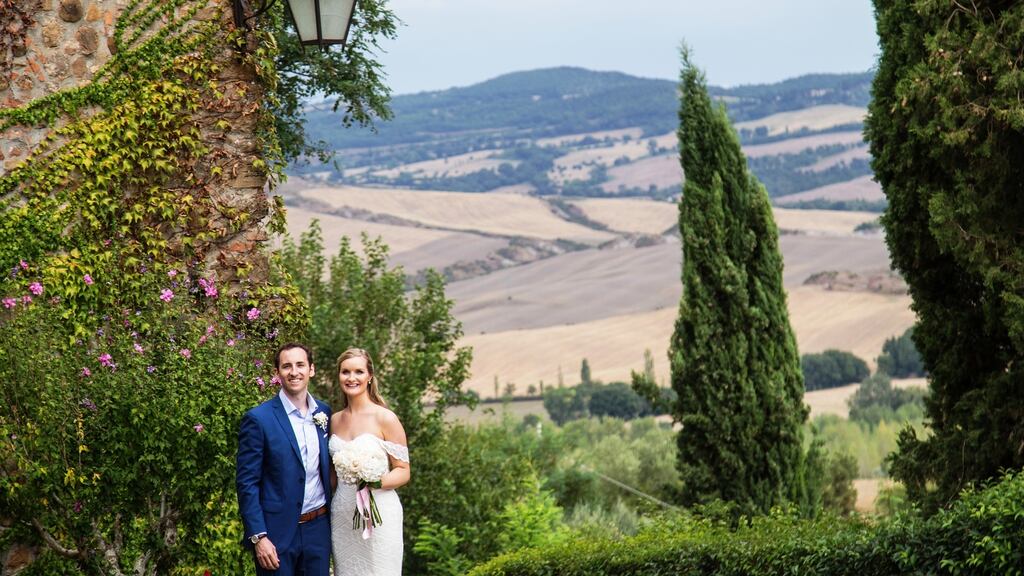 Emma and Ben were married in Borgo Di Castelvecchio, Tuscany – “a dream setting, surrounded  by rolling green hills.” Photograph: Andrea Sampoli
