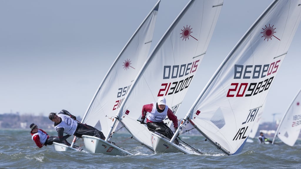 Peter Fagan (right) of Skerries Sailing Club tacks ahead of Jamie McMahon of Howth Yacht Club in the boys’ Laser Radial class at the Volvo Youth Sailing National Championships 2018. Photograph: David Branigan/Oceansport