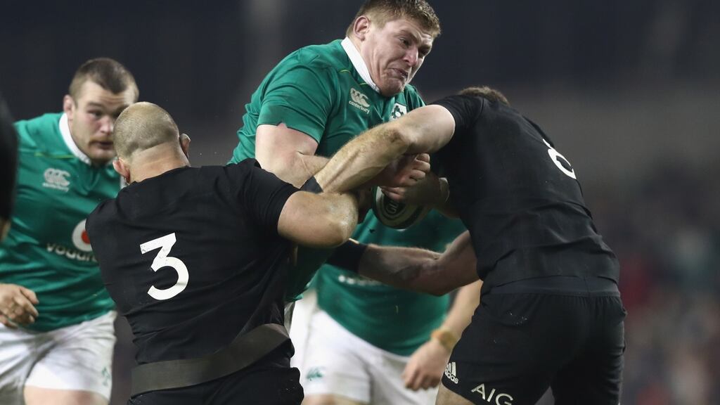Ireland prop Tadhg Furlong runs into an All Black wall at Aviva Stadium. Photograph: Phil Walter/Getty Images