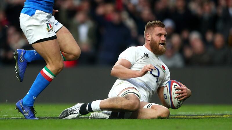 England’s Brad Shields scores their fourth try. Photograph: James Crombie/Inpho
