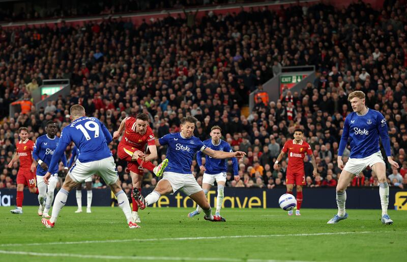 Diogo Jota scores for Liverpool. Photograph: Carl Recine/Getty Images