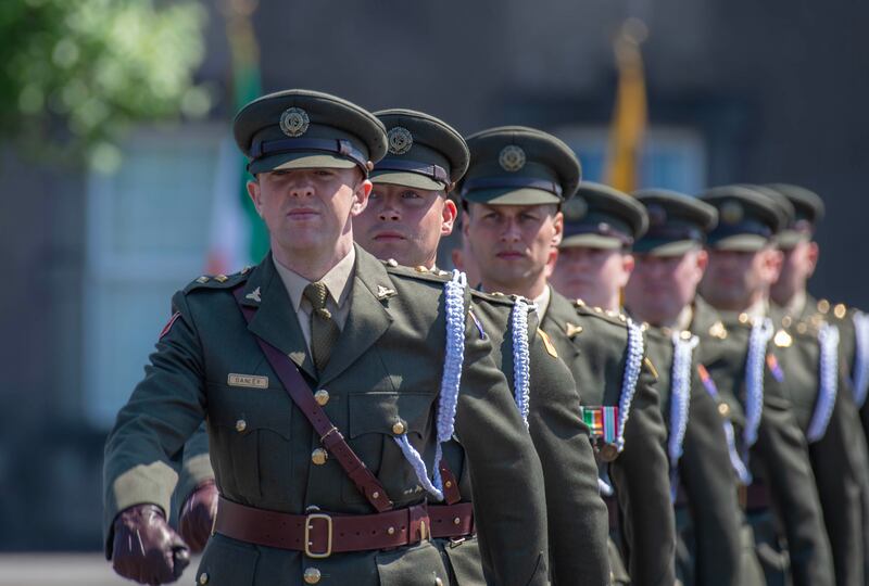 First Brigade Artillery Regiment and units from Collins Barracks, Cork on parade at the Defence Forces Artillery Corps Centenary Event in Collins Barracks on Thursday. Photograph: Michael Mac Sweeney/Provision