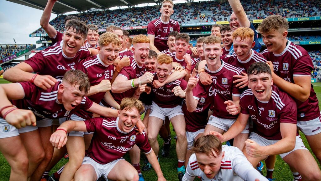 Galway players celebrate their victory over Kilkenny in the Electric Ireland All-Ireland Minor Final at Croke Park. Photograph: Oisín Keniry/Inpho