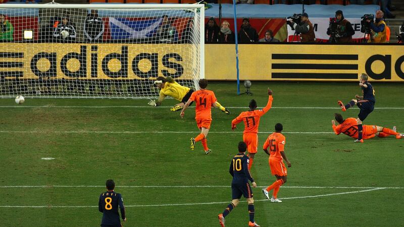 Iniesta fires home the winning goal in the 2010 World Cup final against Netherlands. Photo: Ryan Pierse - FIFA/FIFA via Getty Images