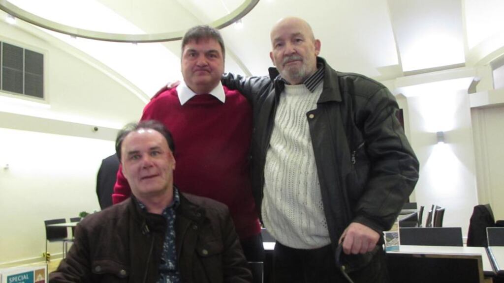 Victor Nealon (seated), Barry George (L) and Martin Foran (R) after a protest in Westminster at the Global Law Summit in the Queen Elizabeth II Centre which has marked the 800th anniversary of the Magna Carta Photograph: Mark Hennessy