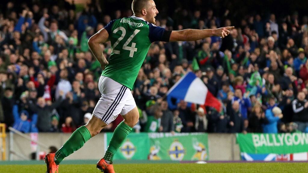 Northern Ireland’s Conor Washington celebrates scoring his side’s first goal of the game during an International Friendly at Windsor Park, Belfast. Photo: Niall Carson/PA Wire.