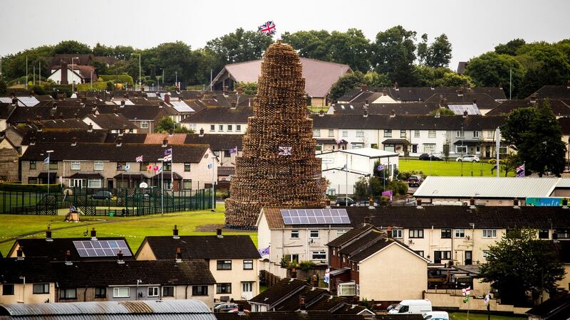 Craigyhill bonfire is prepared in Larne, Co Antrim ahead of the Twelfth. Photograph: Liam McBurney/PA Wire