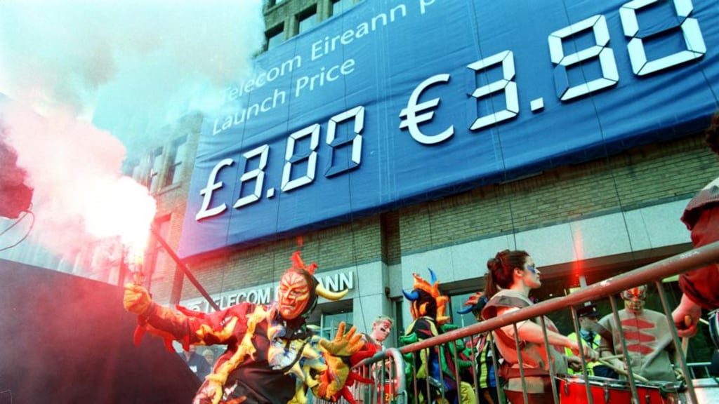 Street entertainment at the announcement of the Telecom Eireann share offer price and allocation in Dublin in 1999. Photograph: Eric Luke