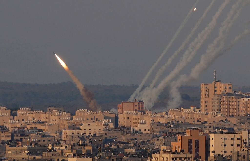 Rockets are launched from the Gaza Strip towards Israel: Islamic Jihad lost two of its senior commanders and fired close to 1,000 rockets without inflicting a serious injury, mainly due to Israel’s Iron Dome missile defence system intercepting more than 95 per cent of incoming projectiles. Photograph: Hatem Moussa/AP