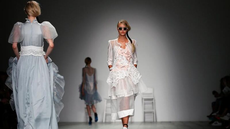 Models present creations from the Bora Aksu Spring/Summer 2015 collection during London Fashion Week today. Photograph: Stefan Wermuth/Reuters.